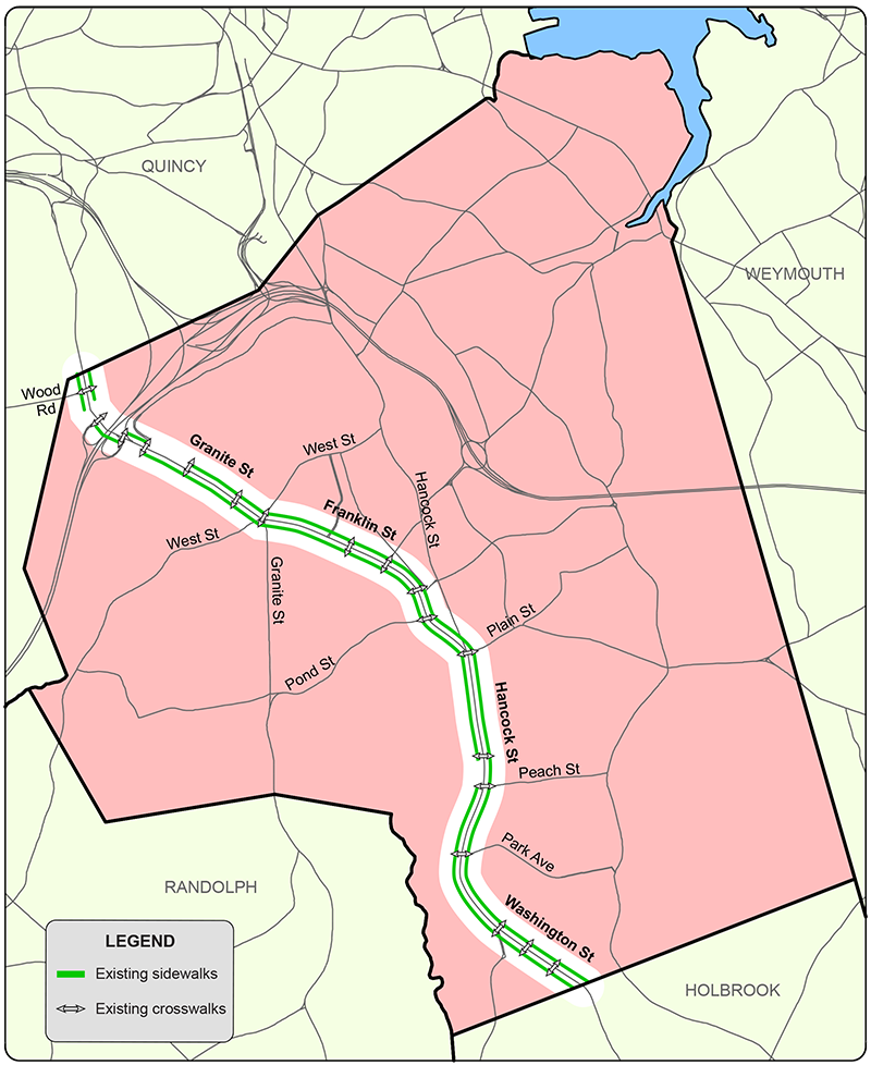 Figure 5 is a map showing the locations where there are sidewalks and crosswalks on Route 37.